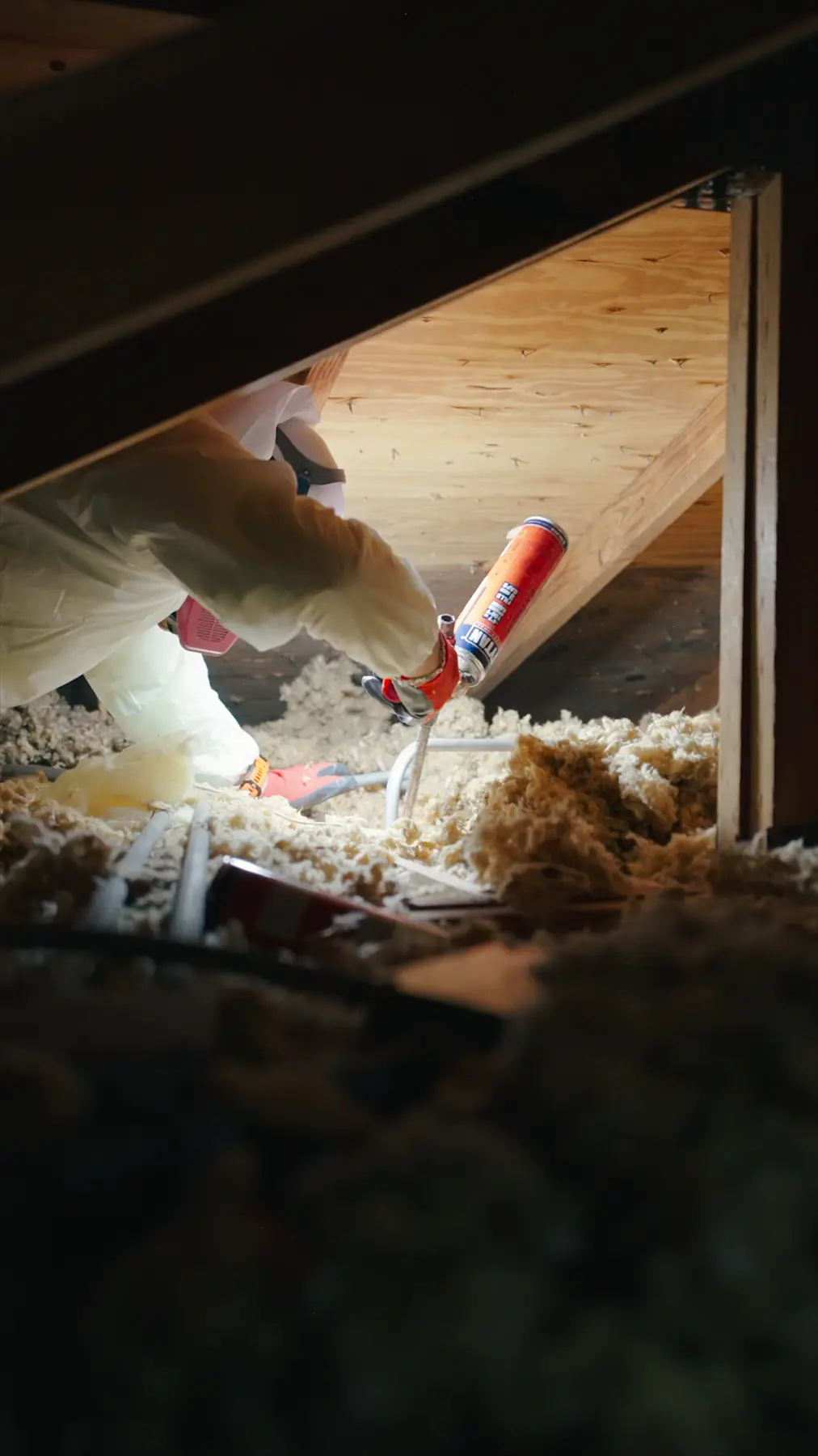 Building Energy Experts field work sealing gaps inside an attic